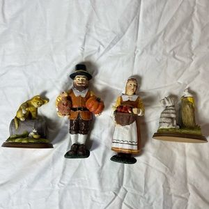Thanksgiving Pilgrims Man with Turkey, Pumpkin Woman With Fruit Basket Statue 8"